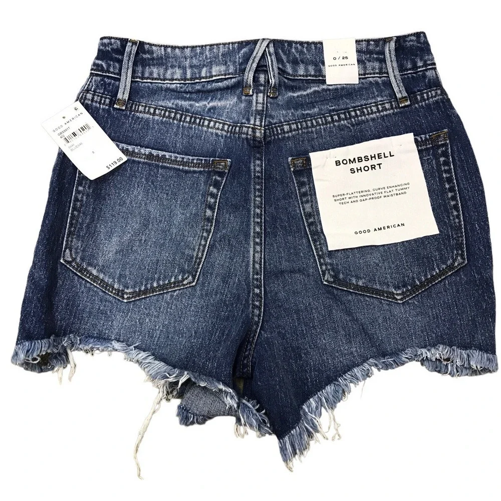 Good American bombshell cutoff denim shorts blue distressed high waisted Sz 0/25